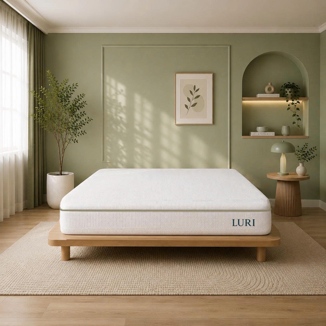Nệm Foam Massage Luri trong phòng ngủ tường xanh ô liu