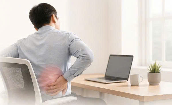 Người mặc áo sơ mi ngồi trên ghế công thái học trước laptop, một tay đưa ra sau xoa vùng lưng dưới đang được tô đỏ.